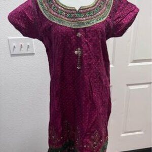 Handmade Cotton Sari Material Dress with Bead, Mirror, and Ribbon Embellishment